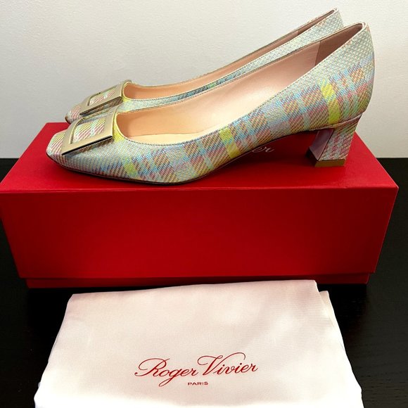 Roger Vivier Trompette Tartan Buckle Square-Toe Pumps In Pink Pattern - Size 9 - Picture 4 of 6